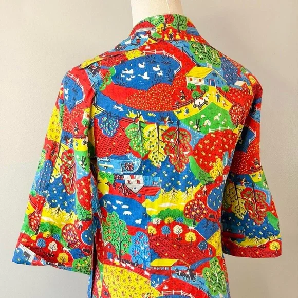 Vintage 1970s Novelty Print Tunic Shirt Jacket Farm Rainbow Retro 70s Groovy - Picture 6 of 8